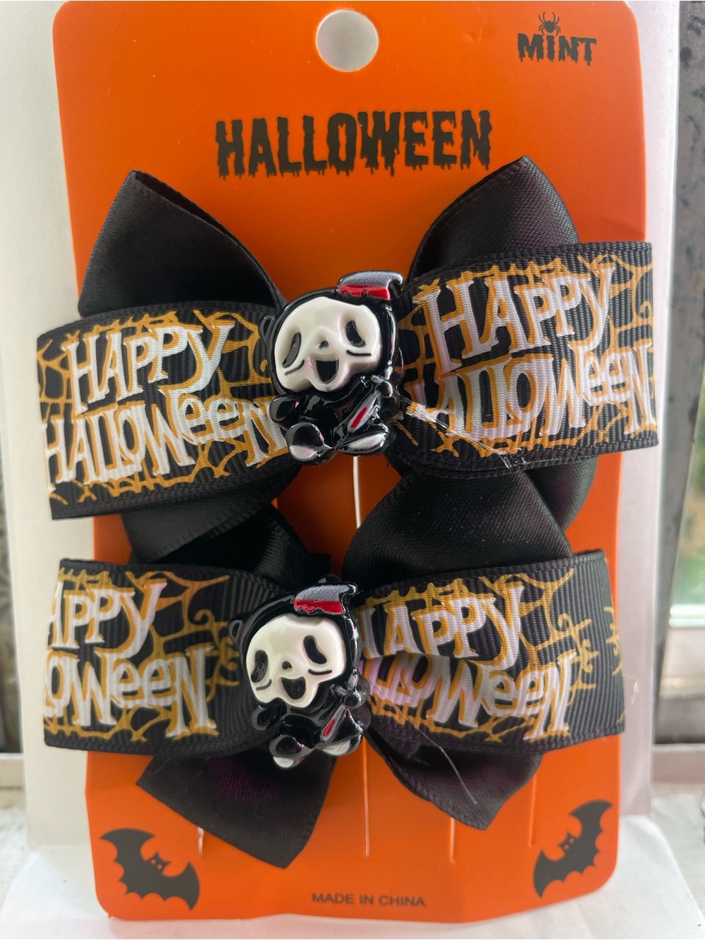 Mint Black Happy Halloween Bow Hair Clips - Set of 2